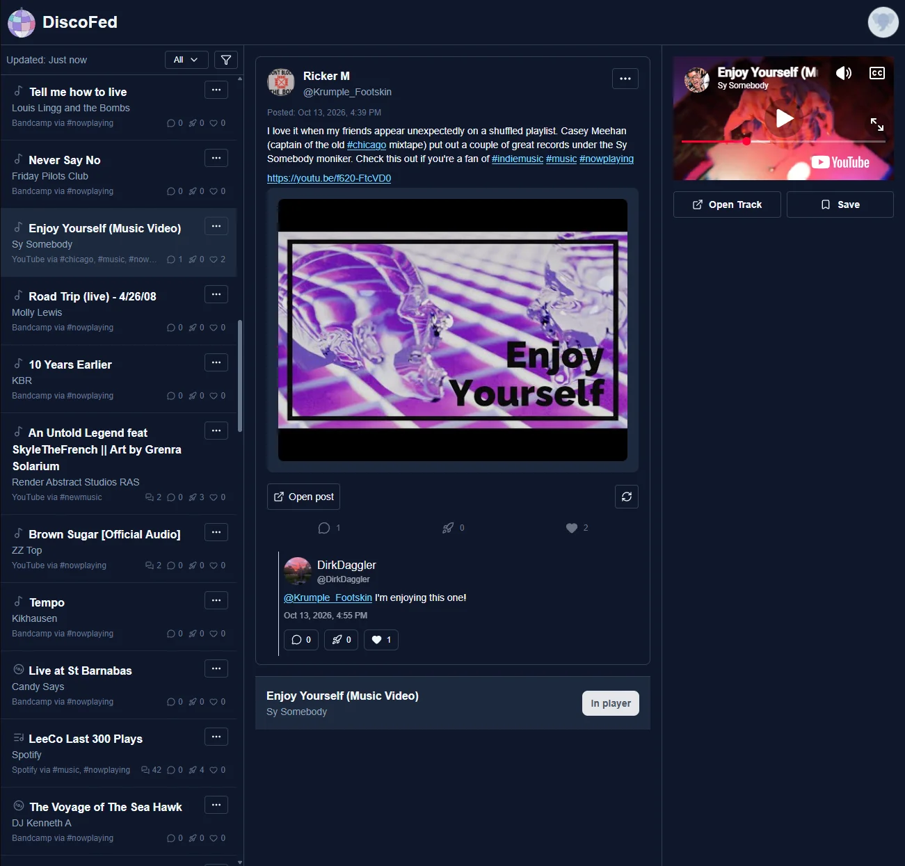DiscoFed showing a music track, its Mastodon conversation, and player