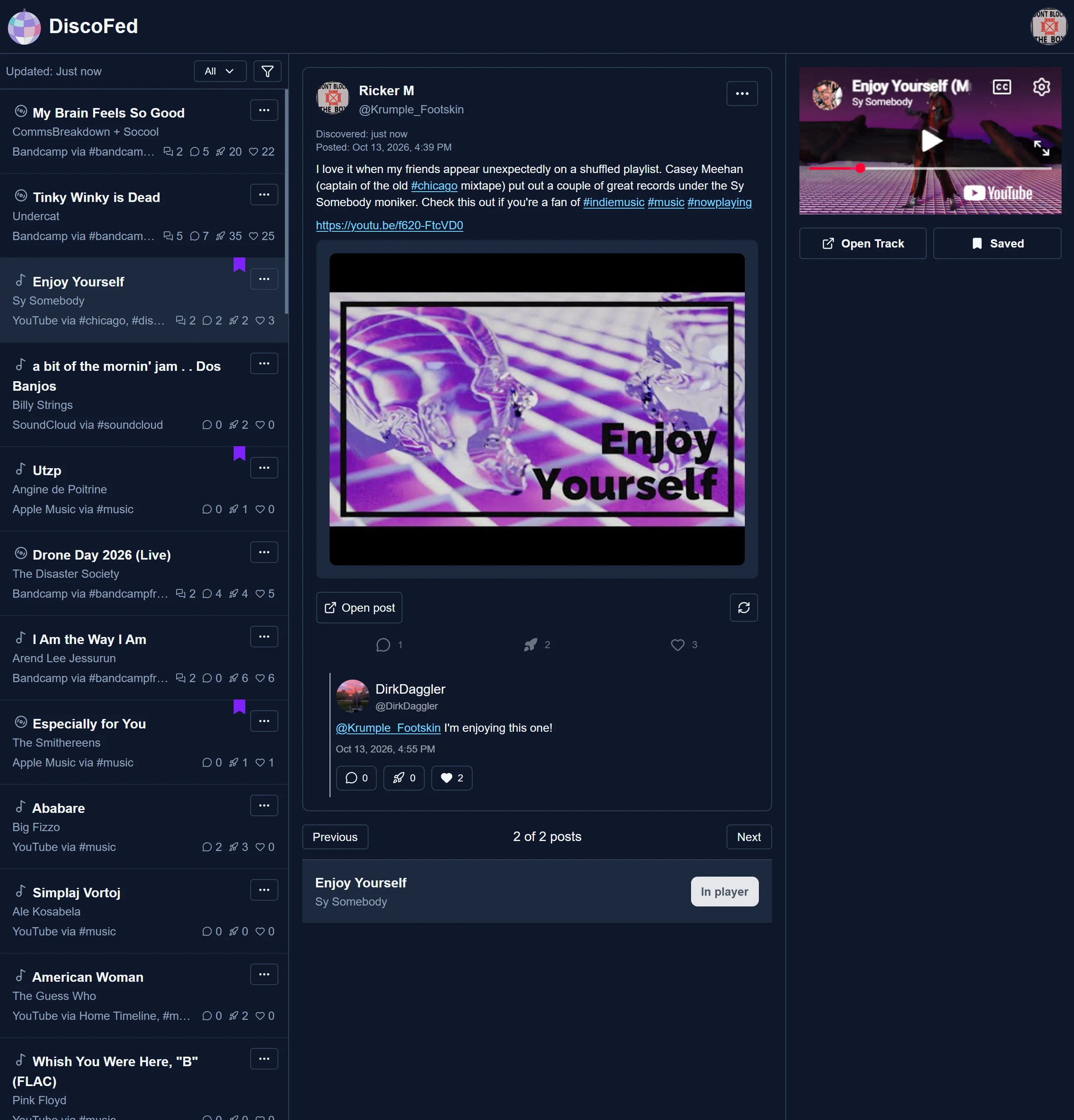 Disco Fed interface showing a music track, its Mastodon conversation, and player