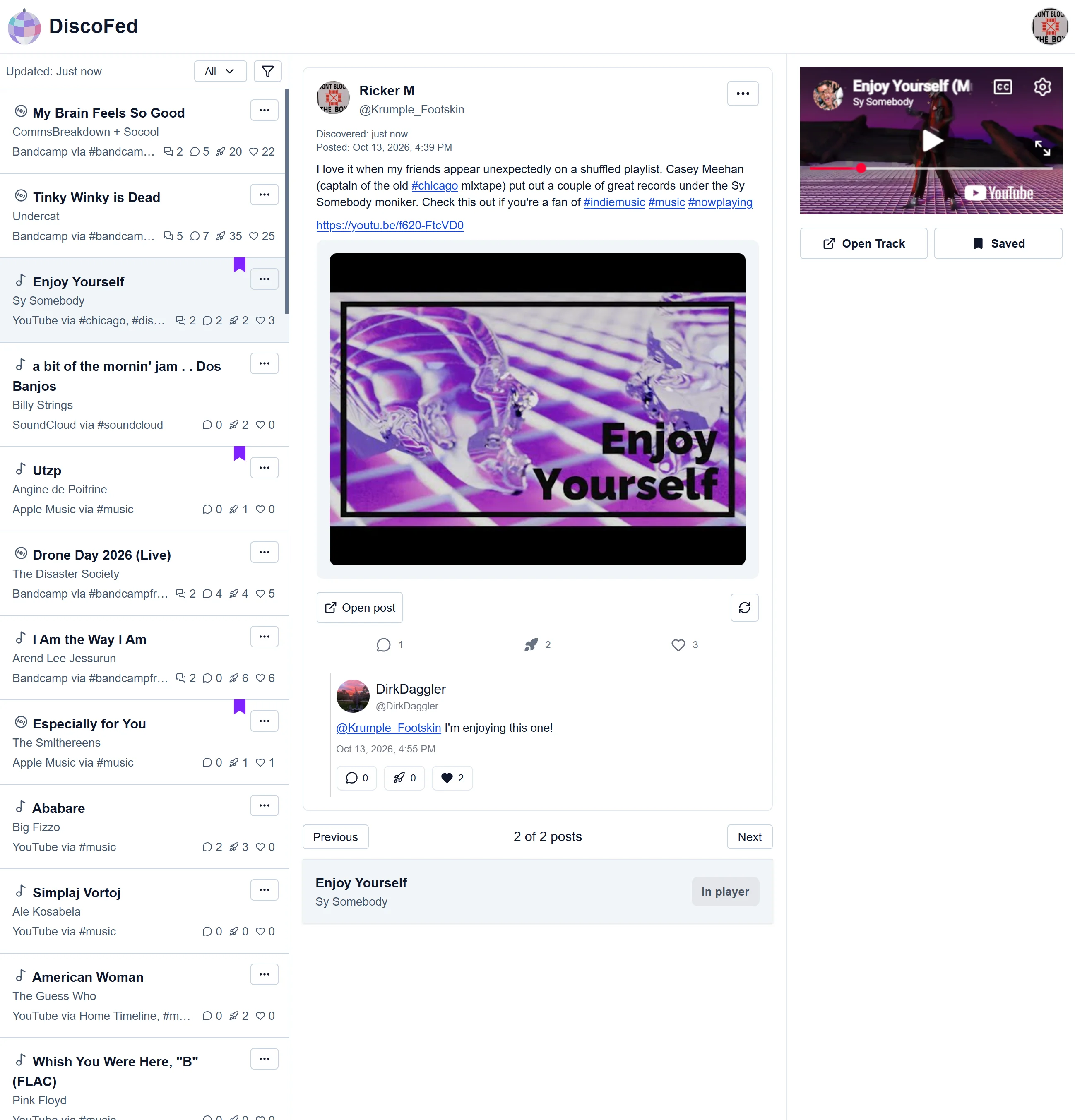 Disco Fed interface showing a music track, its Mastodon conversation, and player